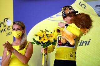 FOIX FRANCE JULY 19 Jonas Vingegaard Rasmussen of Denmark and Team Jumbo Visma Yellow Leader Jersey celebrates at podium during the 109th Tour de France 2022 Stage 16 a 1785km stage from Carcassonne to Foix TDF2022 WorldTour on July 19 2022 in Foix France Photo by Tim de WaeleGetty Images