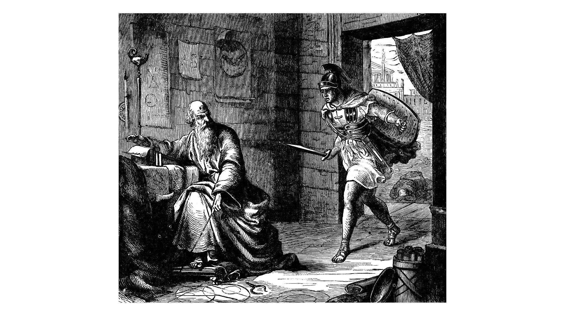 Engraving illustration of the last hour of Archimedes. Here we see him sitting as a desk, drawing symbols on the floor. He is being interrupted by a soldier entering through the doorway who is carrying a sword and shield.