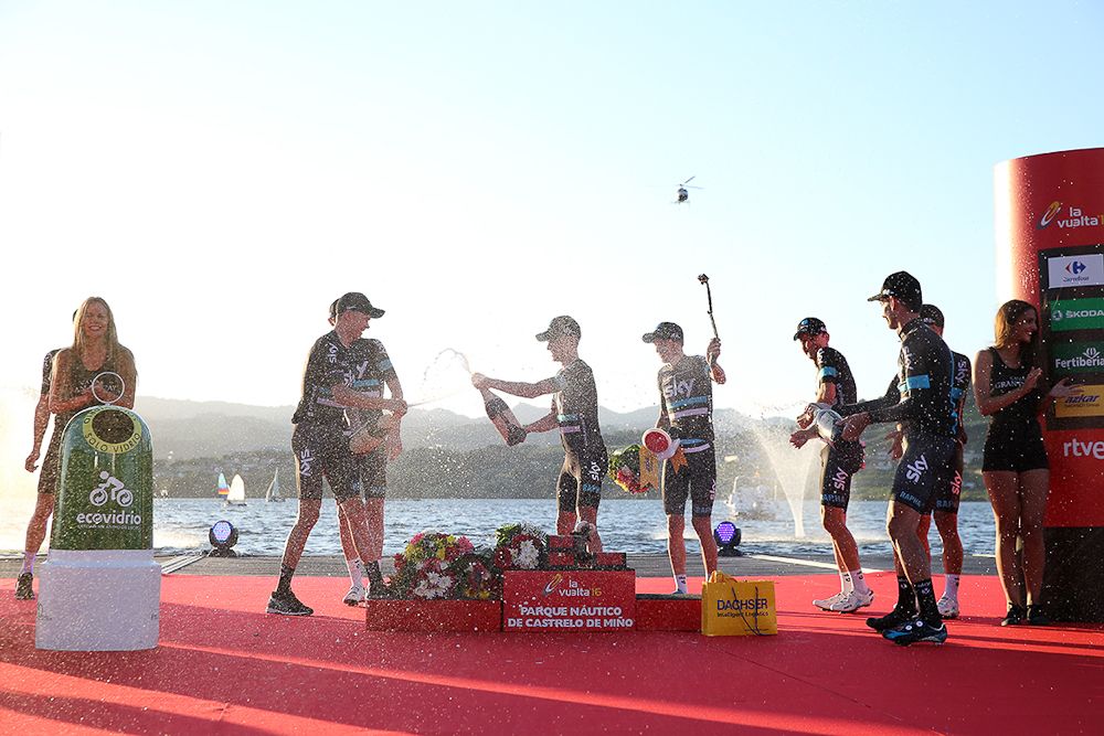 Team Sky riders celebrate on the Vuelta's stage 1 podium.