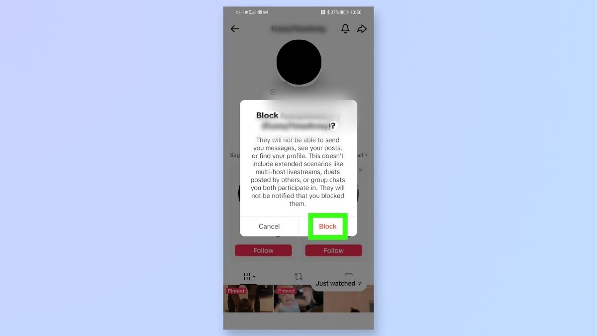 Снимок экрана телефона Android, показывающий действия, необходимые для блокировки учетной записи в TikTok: подтвердите запрос на блокировку