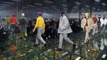 Photograph of Prada runway show, with the brand showing again at Menswear Fashion Week A/W 2024