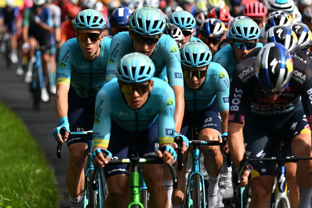 SAINT VULBAS FRANCE JULY 03 LR Cees Bol of Netherlands and Alexey Lutsenko of Kazakhstan and Astana Qazaqstan Team compete during the 111th Tour de France 2024 Stage 5 a 1774km stage from SaintJeandeMaurienne to Saint Vulbas UCIWT on July 03 2024 in Saint Vulbas France Photo by Tim de WaeleGetty Images