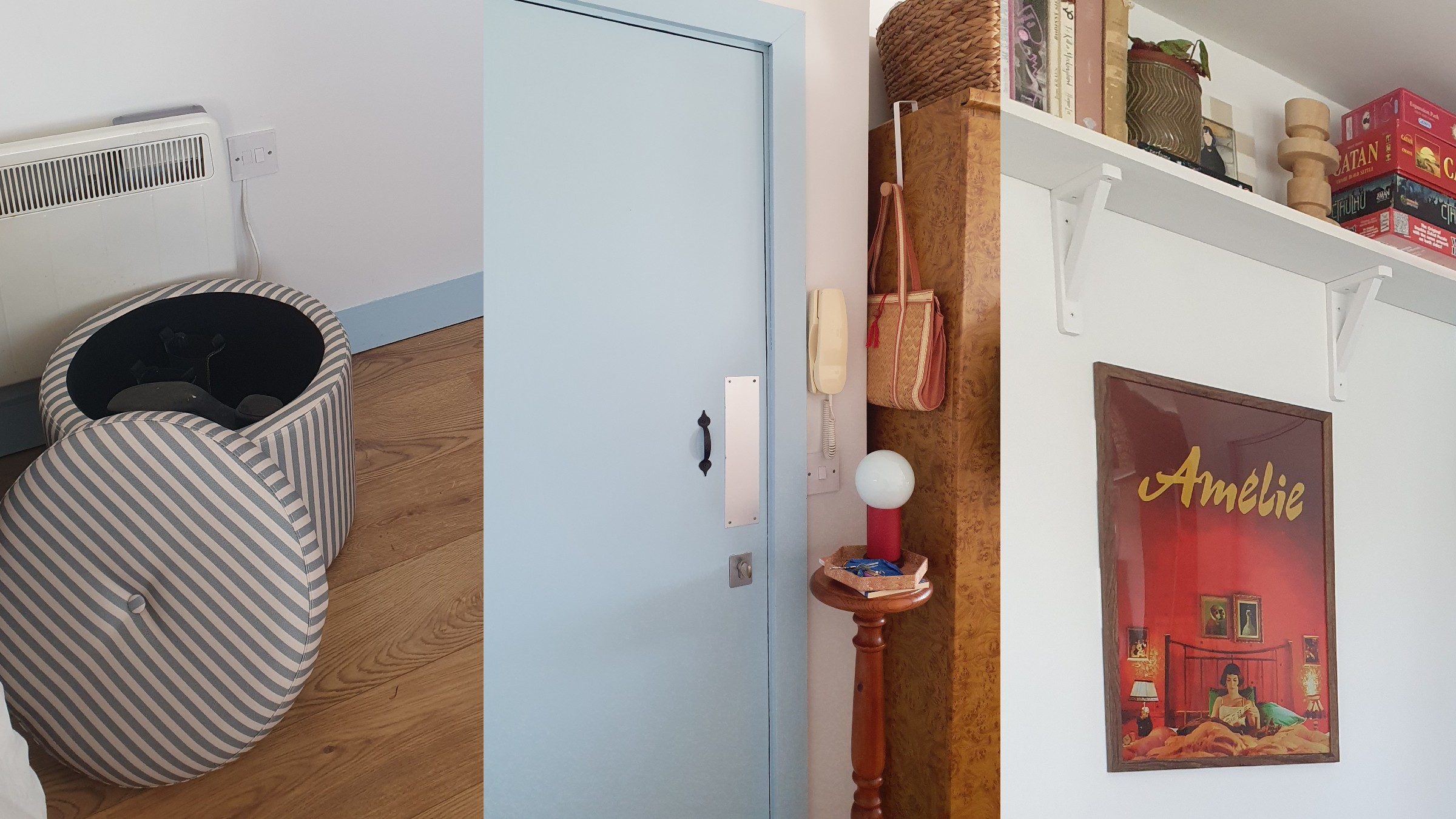 A collage of Sara's entrance area with an open storage ottoman, a blue front door with a side table for keys and a framed film poster hanging on the wall