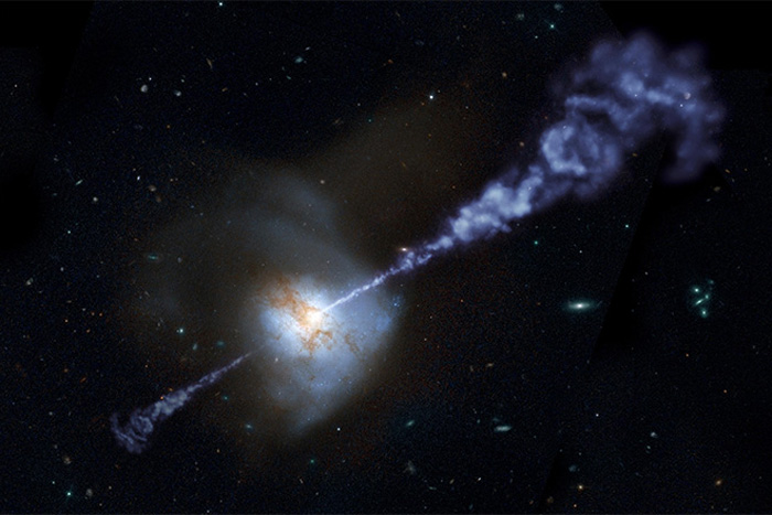 Artist&#039;s impression of jets from supermassive black hole in Arp 220