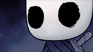 A very tired-looking Hollow Knight stares bleakly out into the world.