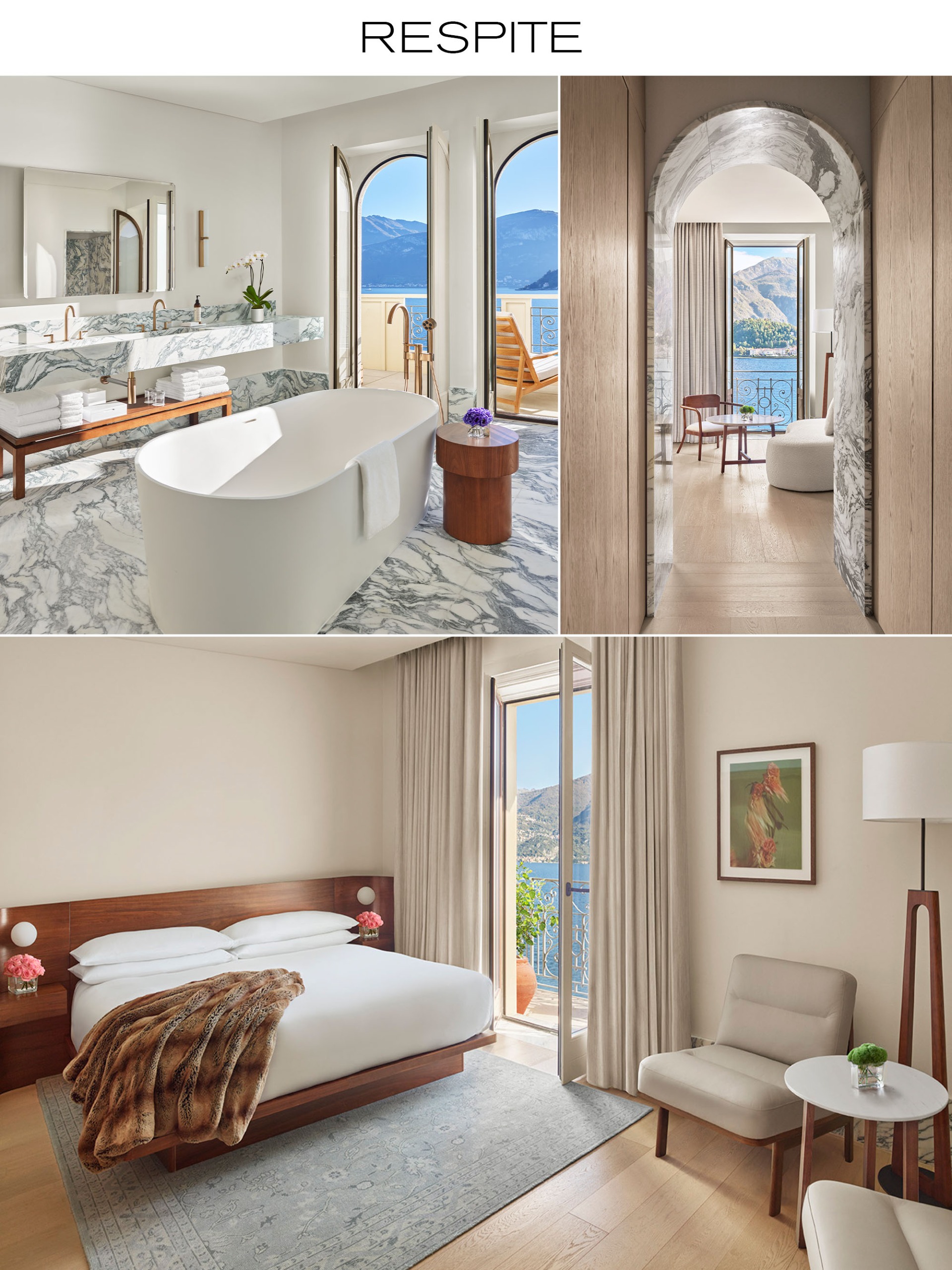 The Edition Lake como hotel room collage of photos including bathtub and bed