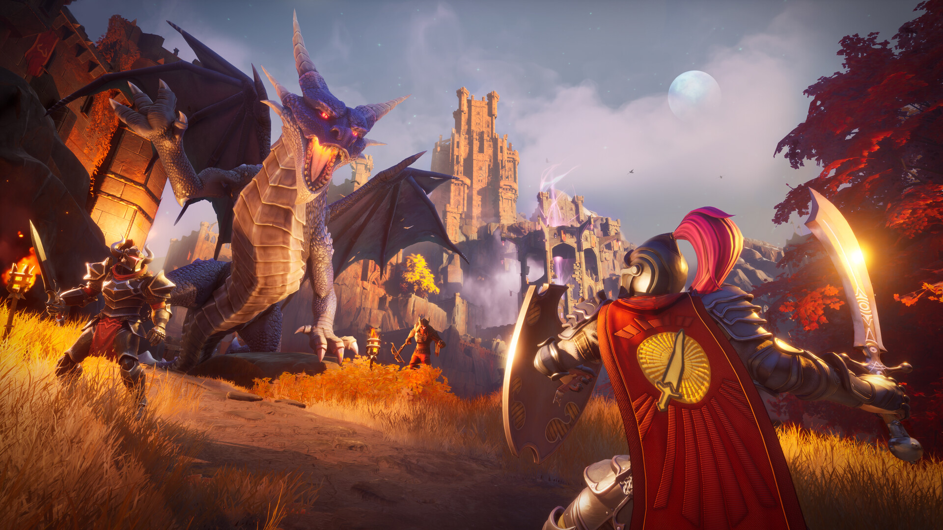 A player with a scimitar and attack cape in RuneScape Dragonwilds facing off against a large dragon