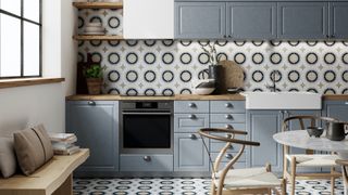 grey kitchen with patterned tiles