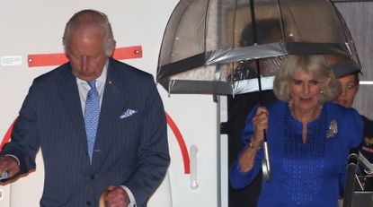 King Charles III And Queen Camilla arrive at Sydney Airport for their official welcome on October 18, 2024 in Sydney, Australia. 