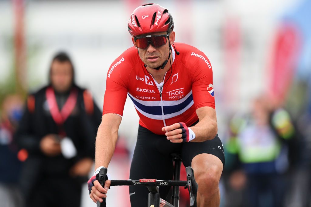 TROMSO NORWAY AUGUST 05 Alexander Kristoff of Norway and Team Norway at finish line during the 8th Arctic Race Of Norway 2021 Stage 1 a 1425km stage from Troms to Troms ArcticRace on August 05 2021 in Tromso Norway Photo by Stuart FranklinGetty Images