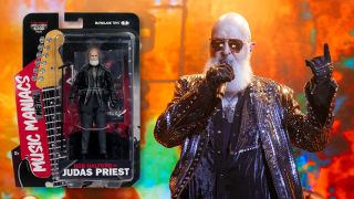 Rob Halford onstage and a packshot of the Rob Halford action doll