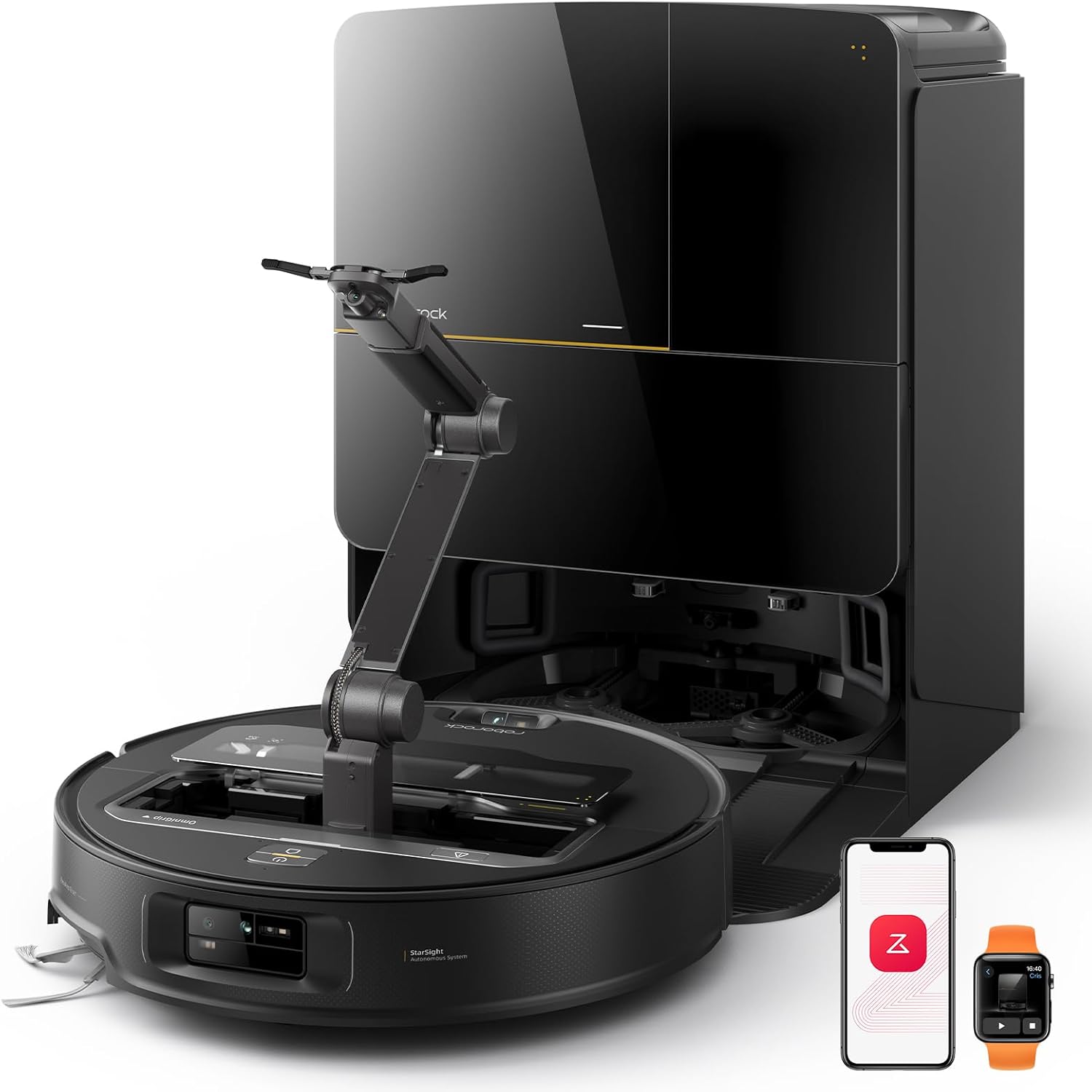Robot vacuum with mechanical arm extended above, pictured in front of robot vacuum cleanins station, and next to small smart phone and smart watch images, against white background.