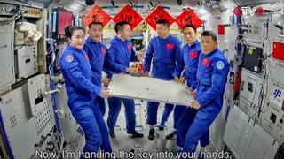 The Shenzhou 19 astronauts hand control of China's Tiangong space station over to their Shenzhou 20 counterparts during a ceremony on April 27, 2025.