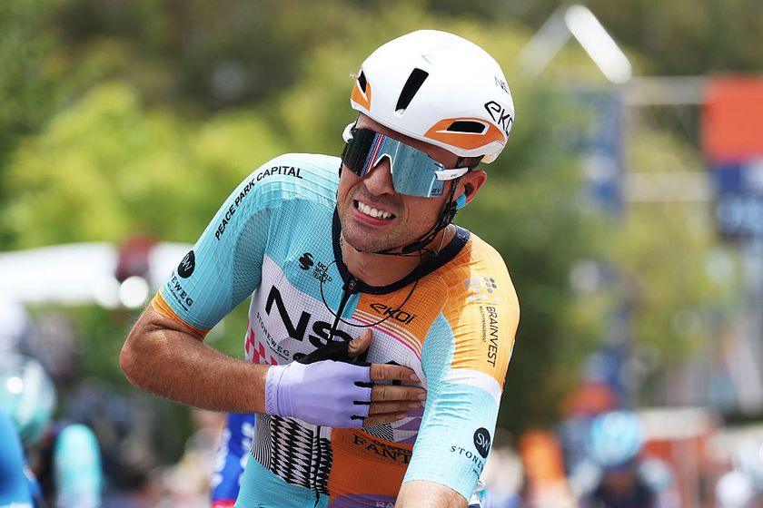 WILLUNGA, AUSTRALIA - JANUARY 24: Ethan Vernon of Great Britain and NSN Cycling Team celebrates at finish line as stage winner during the 26th Santos Tour Down Under 2026, Stage 4 a 130.8km stage from Brighton to Willunga / #UCIWT / on January 24, 2026 in Willunga, Australia. (Photo by Con Chronis/Getty Images)