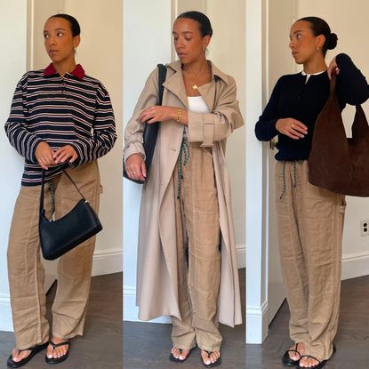 a collage of Lauren Tappan wearing Rag & Bone's Atlas linen pants