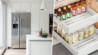 Two images side by side. A double door fridge built into white cabinetry in a kitchen. Two pull out drawer organizers in a wooden kitchen cabinet