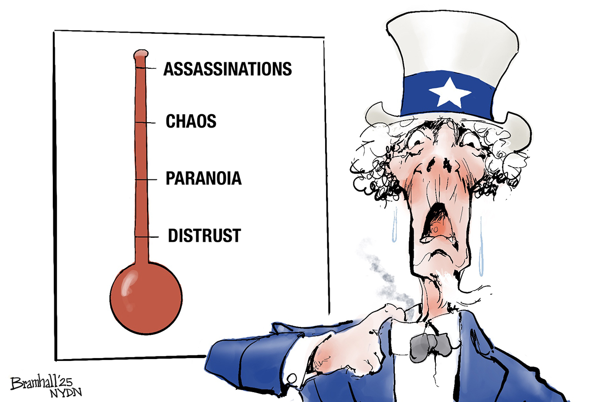 This editorial cartoon depicts a worried, sweating Uncle Sam pulling at his collar as he stands next to a thermometer that is hot all the way to the top. The thermometer, from bottom to top, reads “Distrust” “Paranoia” “Chaos” and “Assassinations.”