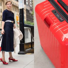 Hand luggage, Suitcase, Red, Baggage, Orange, Luggage and bags, Travel, Bag, Automotive design, Street fashion, 