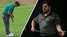 A golfer hits a putt, while wiping the face of his putter