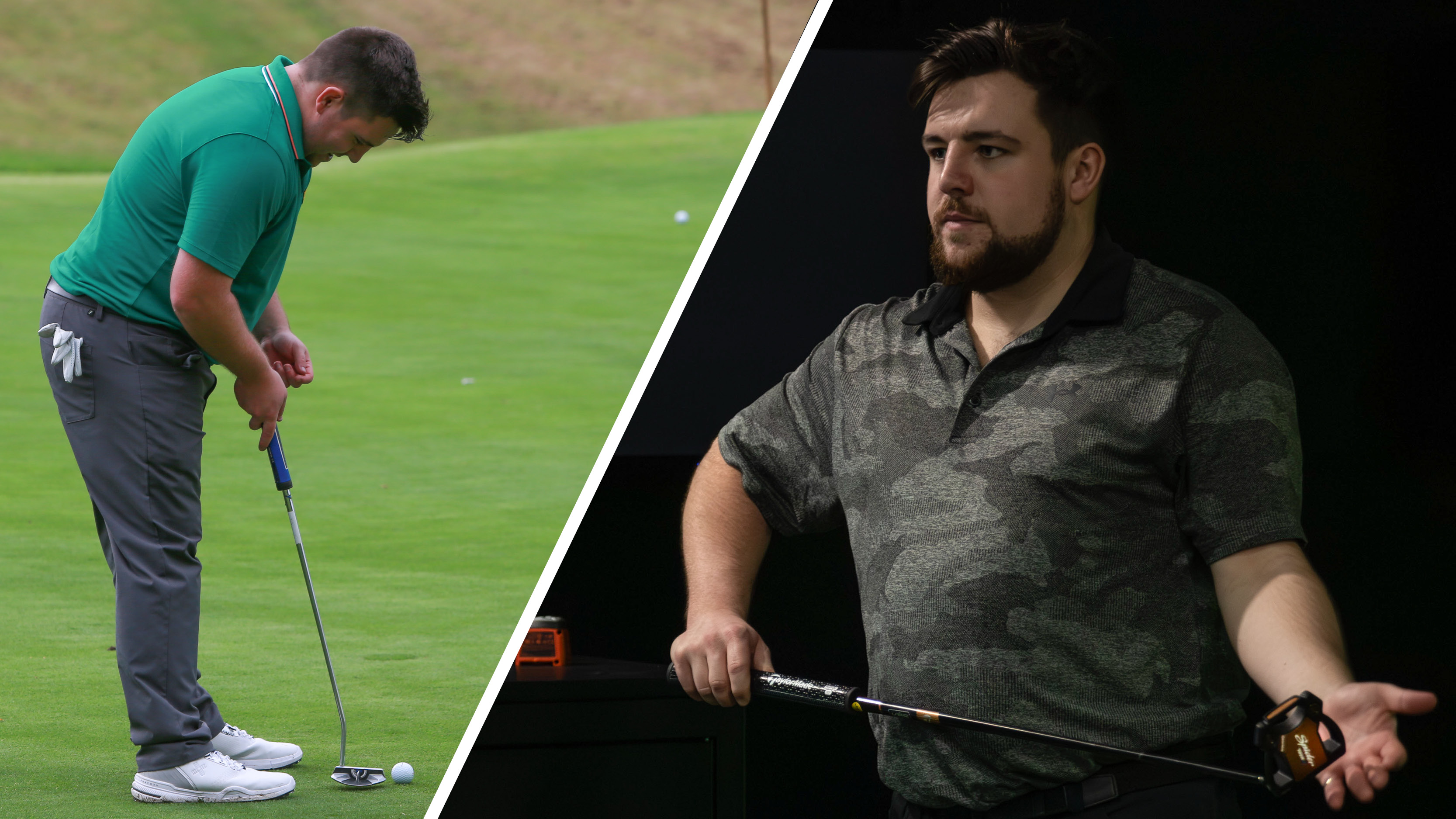 A golfer hits a putt, while wiping the face of his putter
