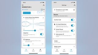 Sennheiser Momentum 4 Wireless showing screenshots of Smart Control app settings for EQ and ANC