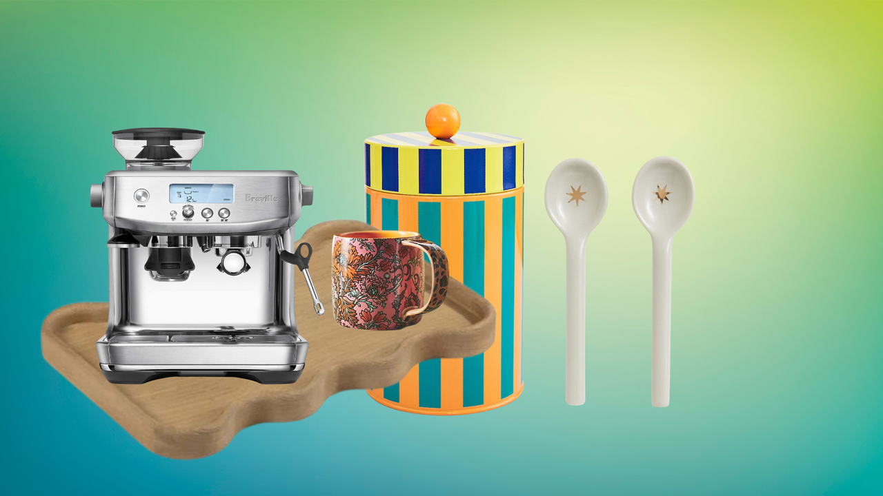 a collage of coffee tools and accessories on a colorful background