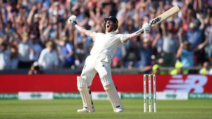 Ben Stokes of England celebrates hitting the winning runs to win the 3rd Specsavers Ashes Test match between England and Australia at Headingley on August 25, 2019 in Leeds, England.