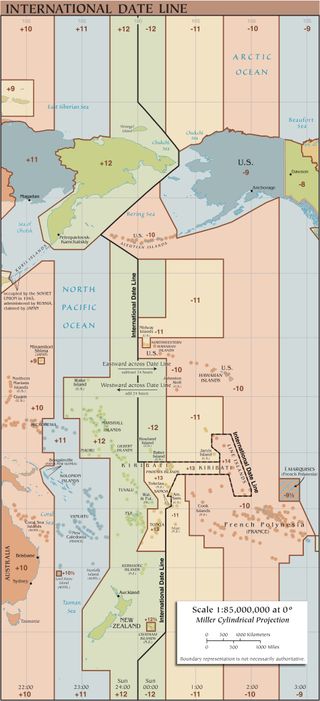 Map of the international date line in the South Pacific.