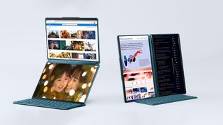 A Lenovo Yoga Book 9i in both waterfall and book modes