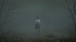 A screenshot shows Silent Hill f protagonist Hinako holding a steel pipe in dense fog