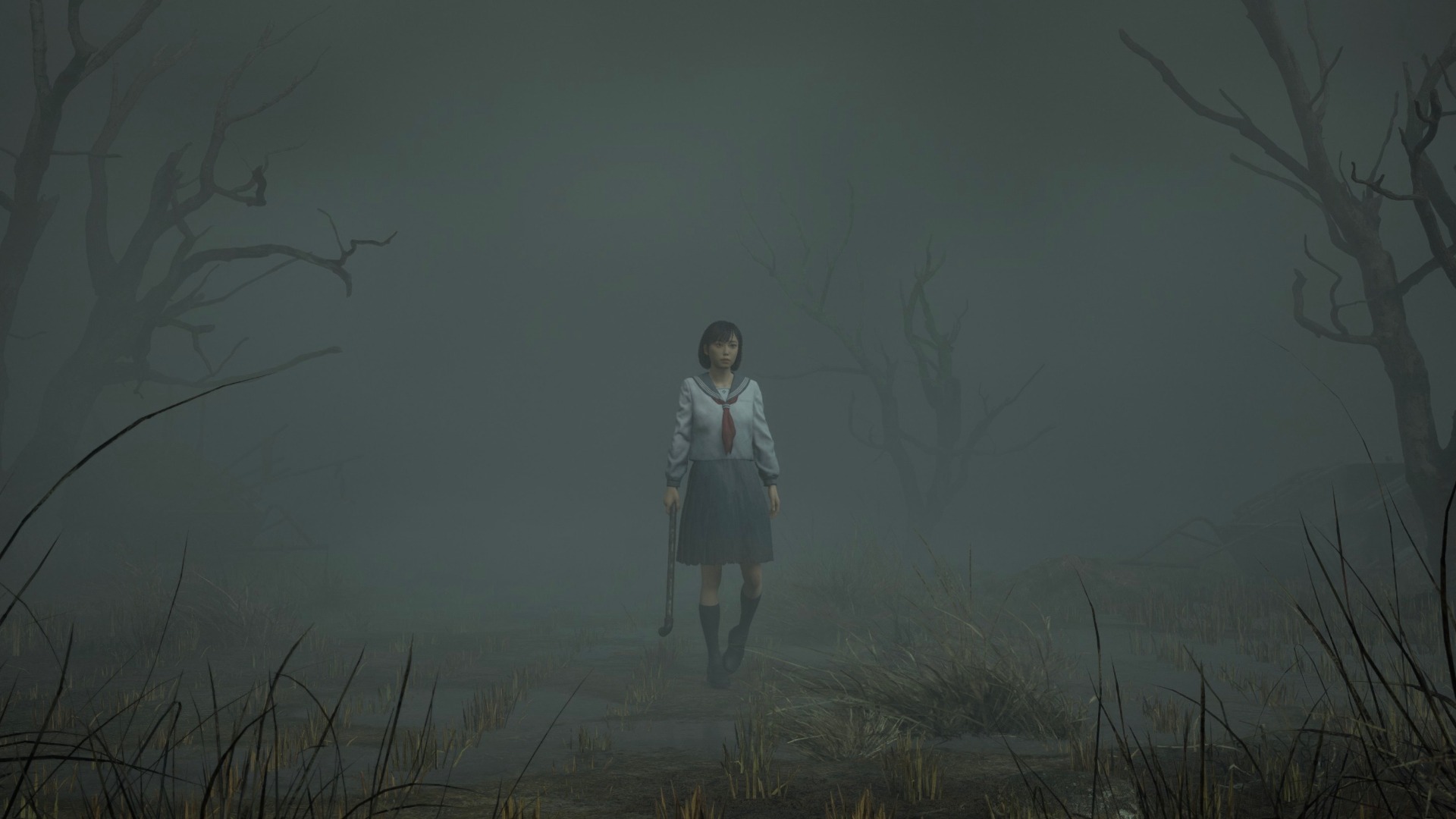 A screenshot shows Silent Hill f protagonist Hinako holding a steel pipe in dense fog