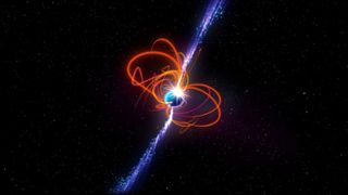An illustration of a blue star core crackling with red magnetic field lines and bright blue jets of radio energy. A magnetar.