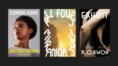 Books covers of 'Coming Home' by Brittney Griner and Michelle Burford, 'All Fours' by Miranda July, and 'Exhibit' by R.O. Kwon