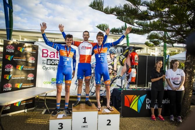 The all-Avanti overall podium of the Battle on the Border: Mark O'Brien, Joe Cooper and Jack Haig