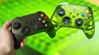 Hand holding Retro Fighters Hunter Xbox controller next to image of the Xbox Series X25 Limited Edition controller in transparent green. 
