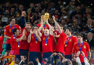 Spain players celebrate their World Cup win after victory over the Netherlands in the final in South Africa in 2010.