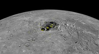 Radar imagery superimposed on a MESSENGER image of Mercury's north pole, showing the presence of water-ice (in yellow) hidden in permanently shadowed craters.