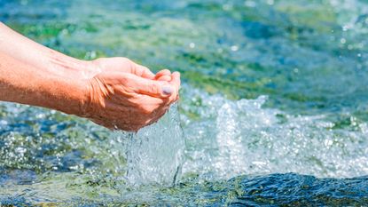 A woman's hands cupping clear water from the sea