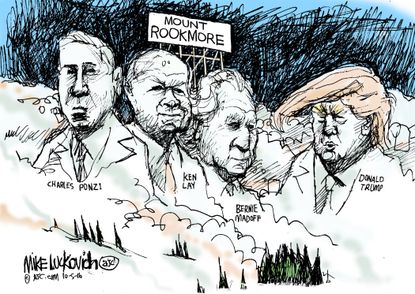 Political cartoon U.S. Mount Rookmore Donald Trump debate taxes