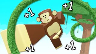 A press shot for +1 Speed Monkey Escape codes showing a monkey swinging through trees on a vine while multiple +1 icons appear around them