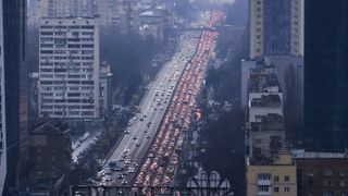 24 February: Traffic jams form as citizens flee Kyiv following pre-offensive missile strikes by Russian armed forces
