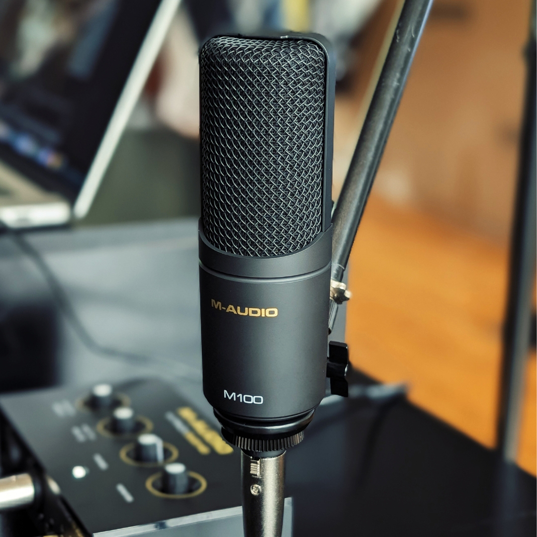 An M-Audio M100 condenser microphone on a mic stand