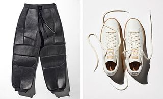Left, Mylo utility trousers, by Stella McCartney, and Bolt Threads. Right, prototypes of Stan Smith Mylo trainers, by Adidas
