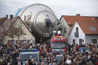 The KATRIN experiment's giant spectrometer passed through Eggenstein-Leopoldshafen, Germany in 2006 on its way to the nearby Karlsruhe Institute of Technology.