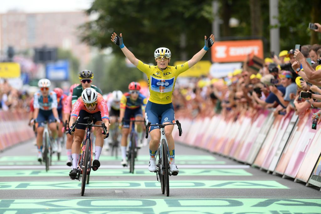 DORDRECHT NETHERLANDS AUGUST 13 Charlotte Kool of The Netherlands and Team dsmfirmenich PostNL Yellow leader jersey celebrates at finish line as stage winner during the 3rd Tour de France Femmes 2024 Stage 2 a 679km stage from Dordrecht to Rotterdam UCIWWT on August 13 2024 in Dordrecht Netherlands Photo by Alex BroadwayGetty Images