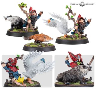 Gnome minis featuring beastmasters with geese, badgers, and foxes
