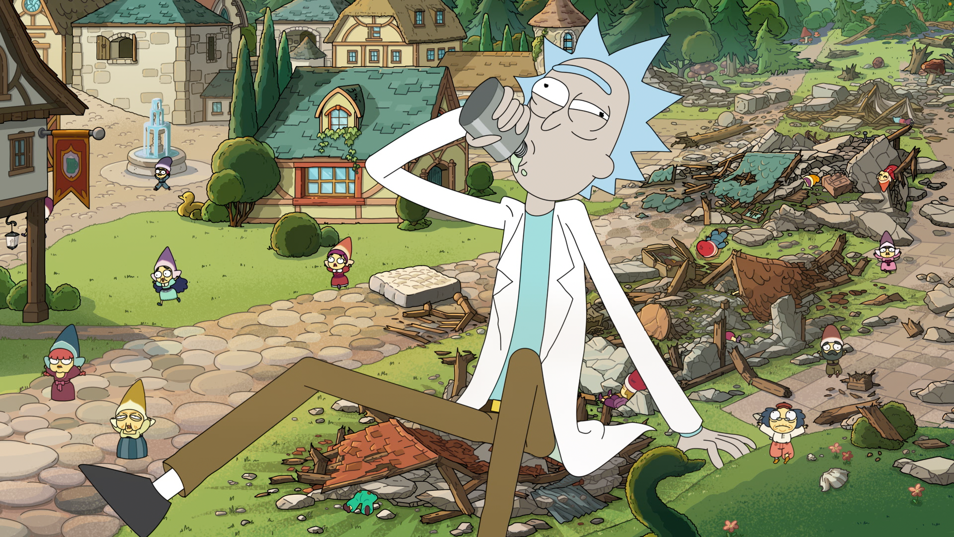 Rick drinking in a model village in Rick and Morty season 9