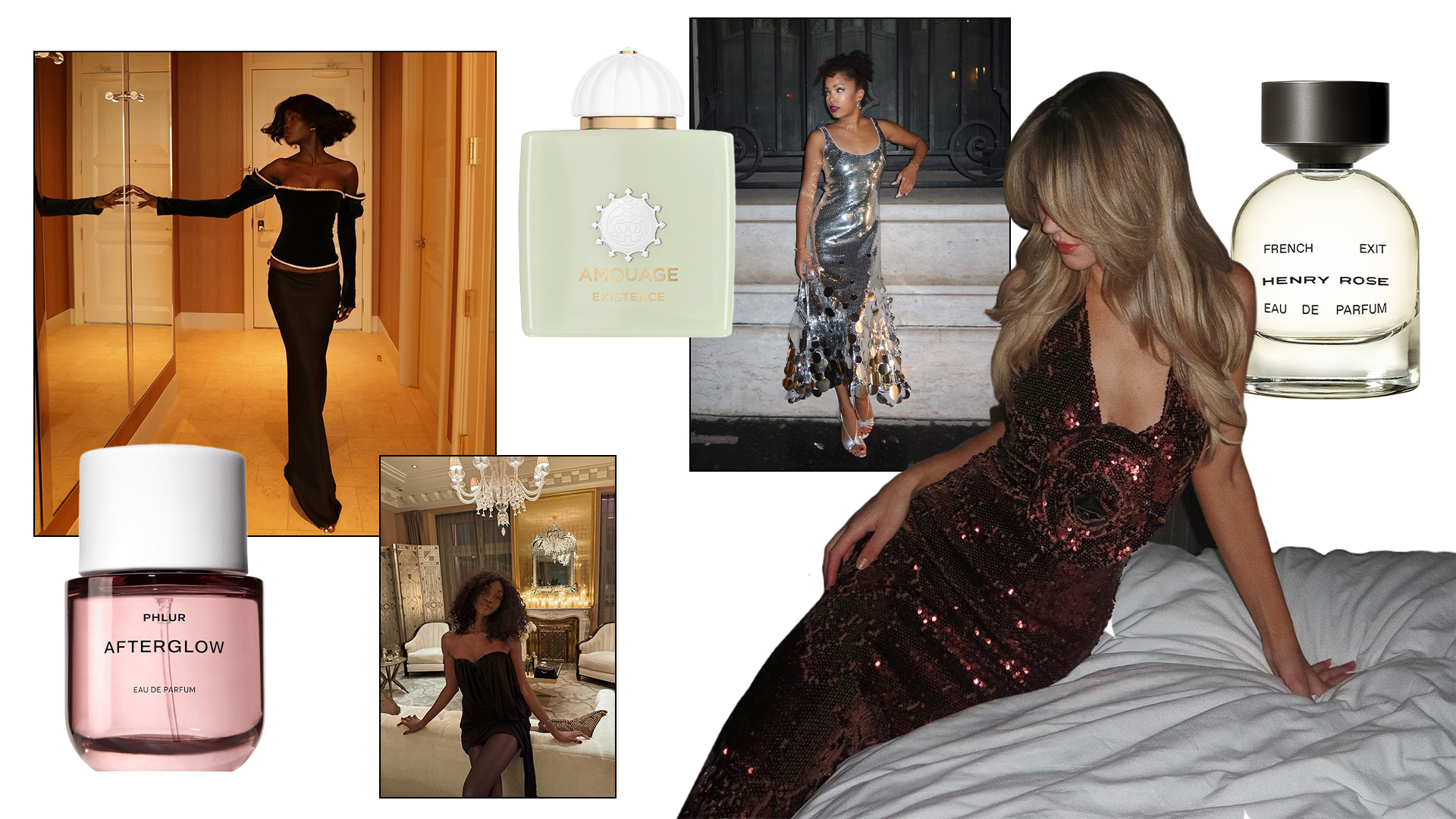 Collage of women wearing sparkly dresses and perfume bottles 