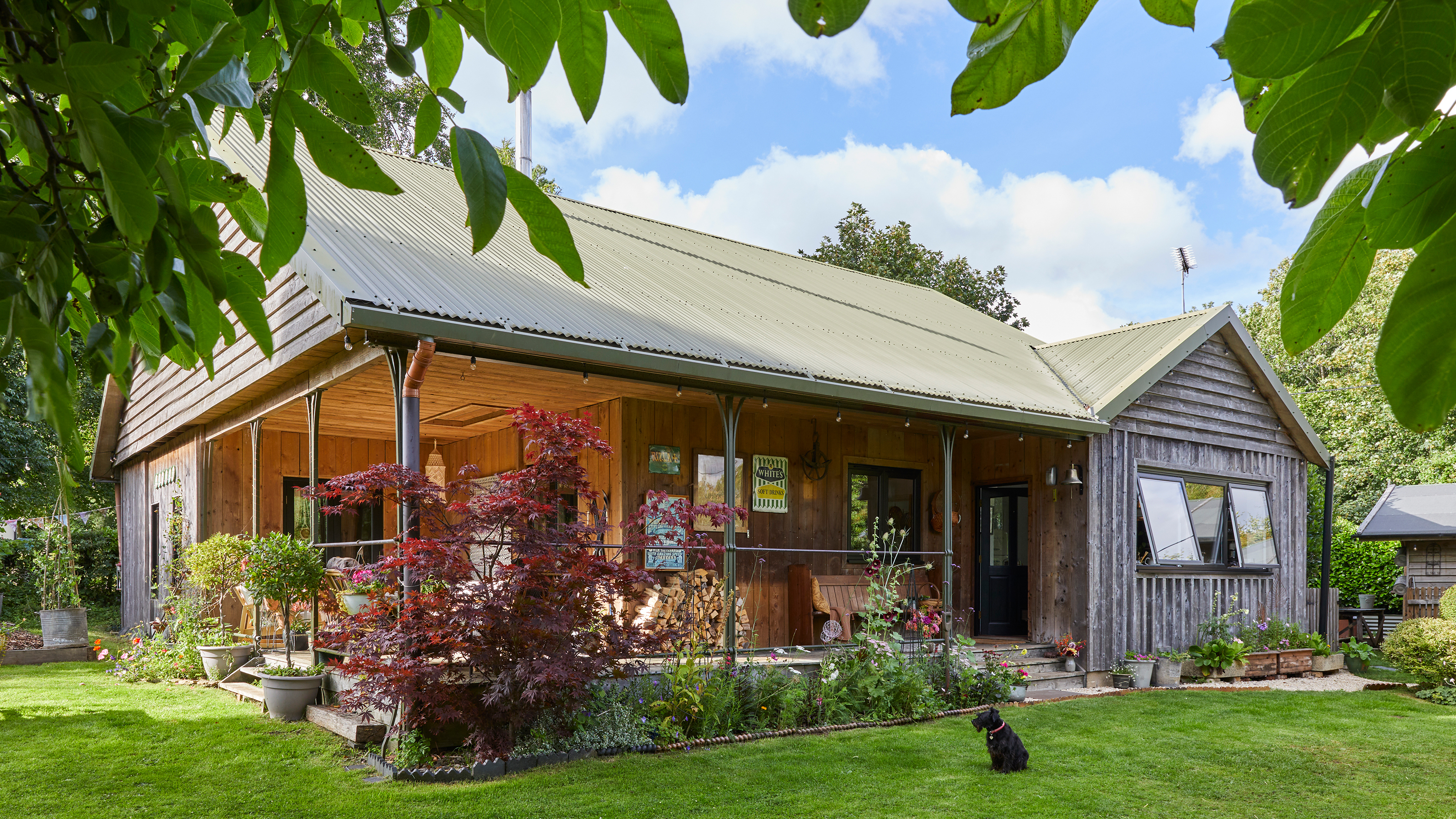 exterior of a wood clad cabin home with a wide veranda and surrounding plants