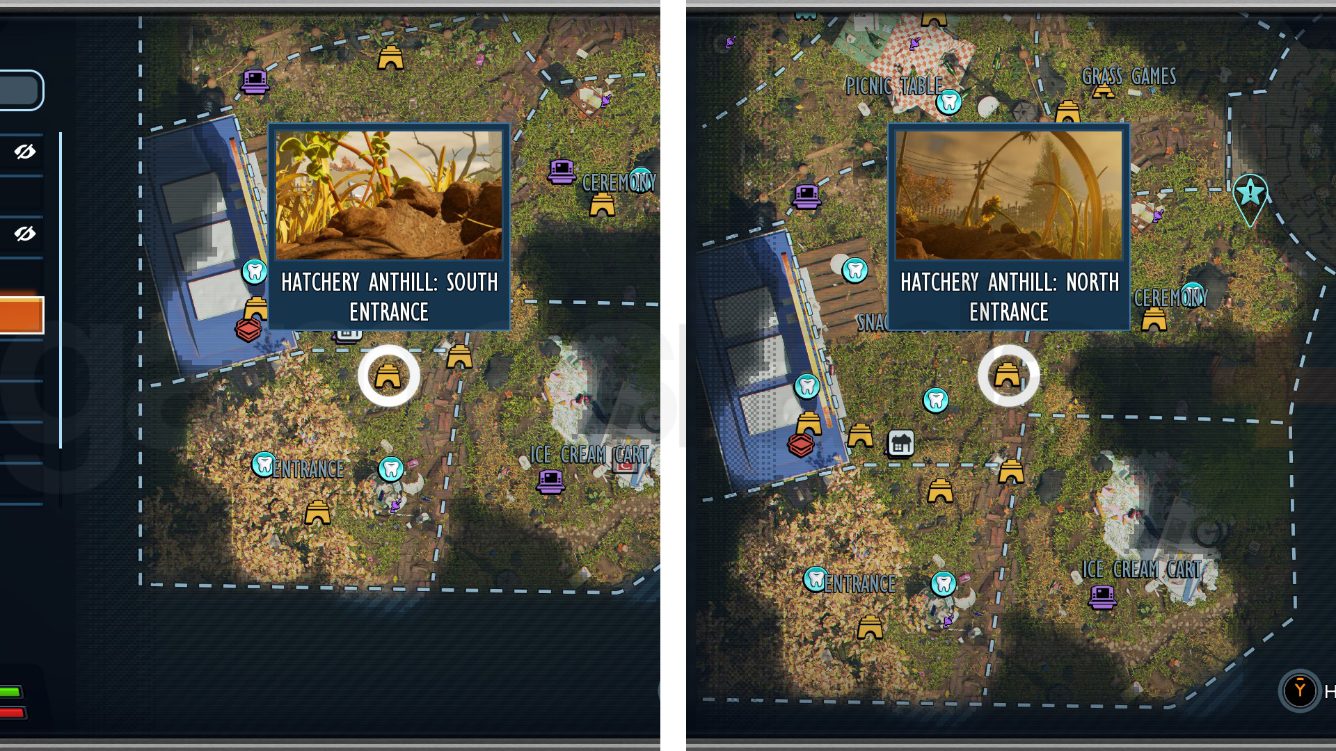 A map for Grounded 2 that shows where to access the Hatchery Anthill to find Red Soldier Ant Eggs